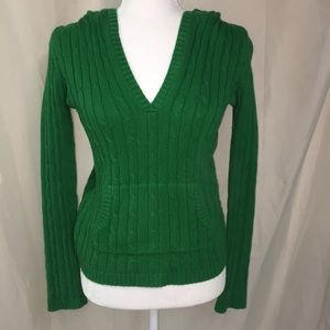Green cable knit bench sweater with a hood